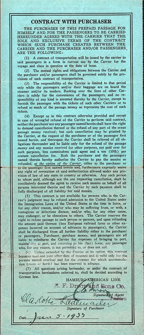 Contract Terms and Conditions, Hamburg America Line Purchaser's Receipt and Contract for Prepaid Ticket