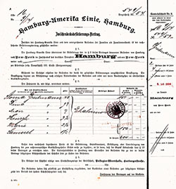 Front Side, SS Hamburg of the Hamburg American Line Steerage Passage Contract For the Breitmann Family, 6 July 1904.