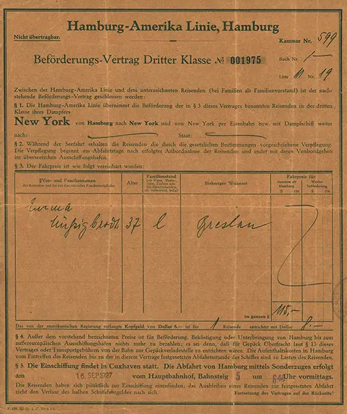 D. New York, Vorderseite, Passagiervertrag 3. Klasse Hamburg-Amerika Linie, 16. September 1927.