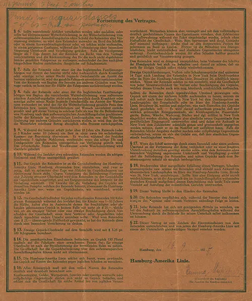 Continuation of Third Class Contract Terms and Conditions, SS New York, Hamburg-American Line, 16 September 1927.