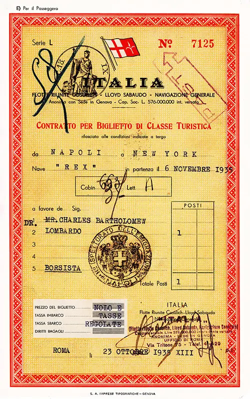 Italia Contratto per Biglietto di Classe Turistica 1935 | Italy Contract for Tourist Class Ticket 1935.