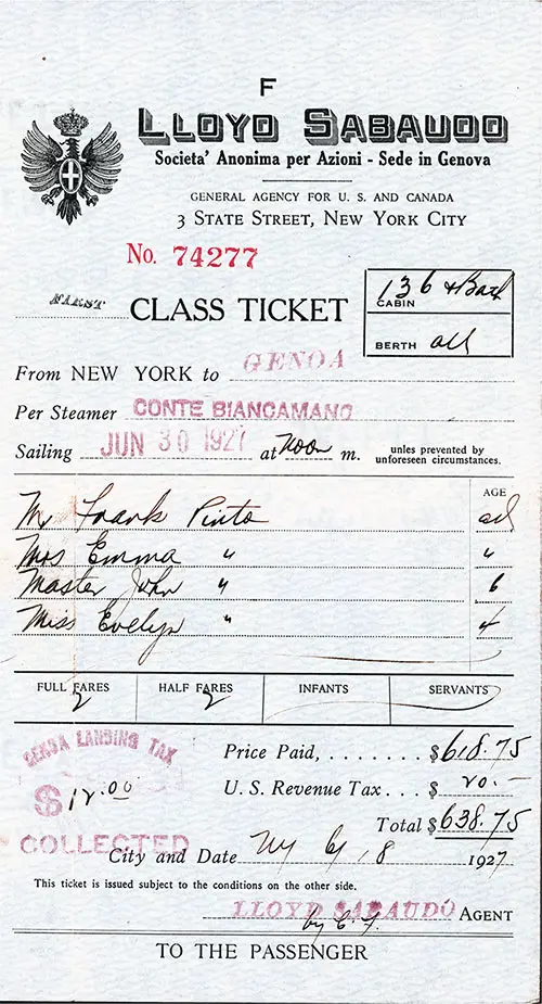 Passenger's Copy, Lloyd Sabaudo First Class Ticket for Passage on the SS Conte Biancamano.