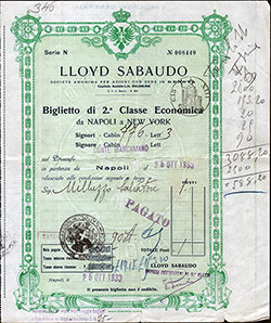 Economical Second Class Ticket from Naples, Italy to New York Berth Cabin 776, berth 3 on the SS Conte Biancamano sailing from Naples on 25 October 1930.