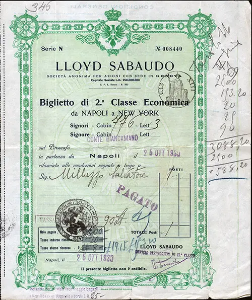 1930-10-25 Voyage Contract - Naples to New York