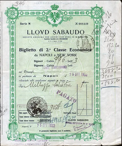 Economical Second Class Ticket from Naples, Italy to New York Berth Cabin 776, berth 3 on the SS Conte Biancamano sailing from Naples on 25 October 1930.