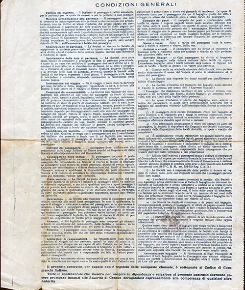SS Conte Biancamano of the Lloyd Sabudo Line Passage Contract Terms and Conditions, 25 October 1930.