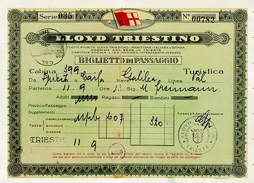 Lloyd Triestino Tourist Class Passage Ticket for a Voyage on the SS Galilea, Departing from Trieste for Haifa Dated 11 September 1936.