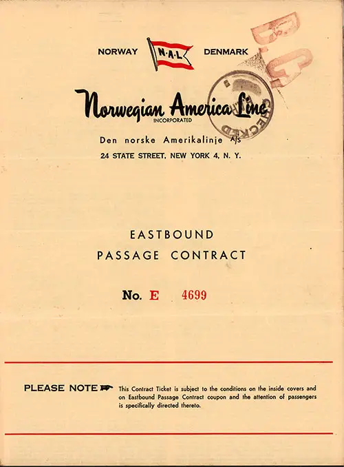 Front Cover, Eastbound Passage Contract No. E 4699 from the Norwegian America Line dated 29 June 1953