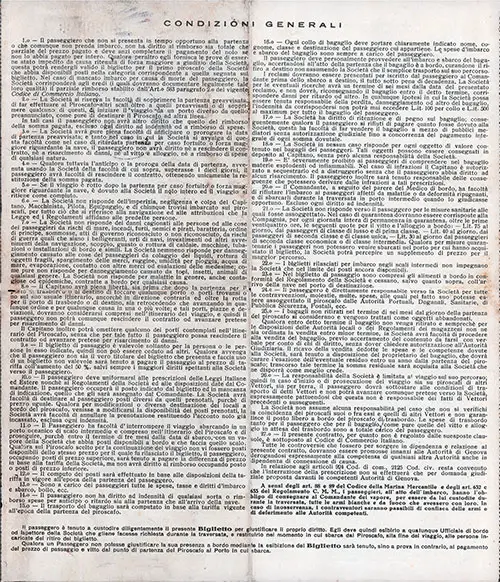 Navigazione Generale Italiana Second Class Passage Contract Terms for Passage on the SS Roma, Departing from Naples to New York Dated 18 September 1928.