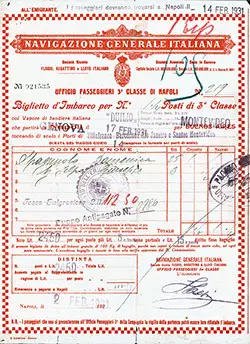 Navigazione Generale Italiana Third Class Passage Ticket for Passage on the SS Duilio, Departing from Genova for Buenos Aires 