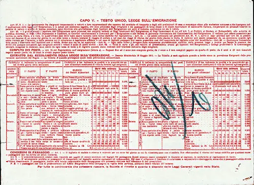 Terms and Conditions, Navigazione Generale Italiana Third Class Passage Ticket for Passage on the SS Duilio