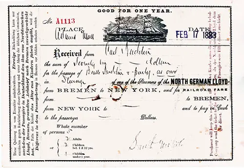 Front Side, North German Lloy Prepaid Steerage Passage Contract from 17 February 1883 from Bremen to New York for a German Immigrant Family.