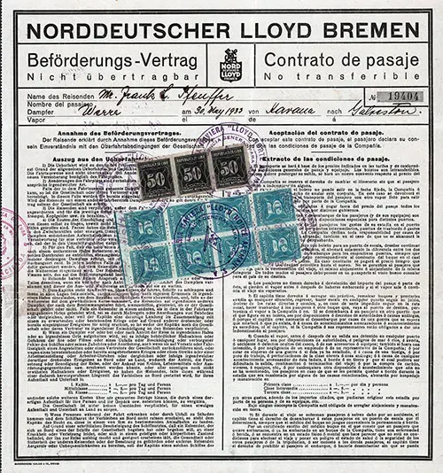 Norddeutscher Lloyd Bremen Passage Contract for Passage on the SS Werra, Departing from Havana to Galveston Dated 30 May 1933.