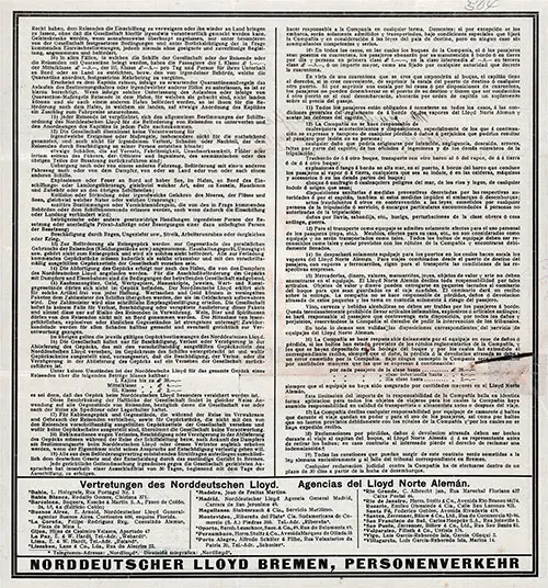 Terms and Conditions, Norddeutscher Lloyd Bremen Passage Contract for Passage on the SS Werra, Departing from Havana to Galveston Dated 30 May 1933.