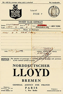 Tourist Class Contract, Norddeutshcer Lloyd, SS Stuttgart - 1935