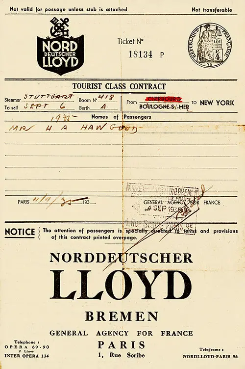 Tourist Class Contract, Norddeutshcer Lloyd, SS Stuttgart - 1935