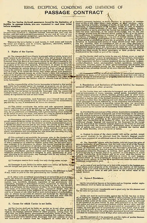 Terms and Conditions of Tourist Class Steamship Contract - 6 September 1935.