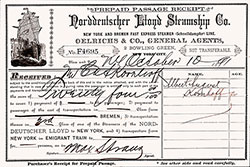 Immigrant's Prepaid Passage Receipt from the SS Trave of the Norddeutscher Lloyd dated 10 October 1891.
