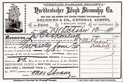 GGA Image ID # 1f9ab8da8e Immigrant's Prepaid Passage Receipt from the SS Trave of the Norddeutscher Lloyd dated 10 October 1891.