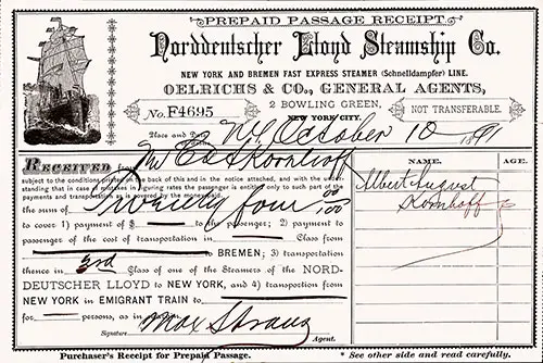 Immigrant's Prepaid Passage Receipt from the SS Trave of the Norddeutscher Lloyd dated 10 October 1891.