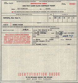 Oceanic Steamship Company One Way Cabin Class Contract Ticket for Passage on the SS Marine Phoenix, Departing from San Francisco for Sydney, Dated 16 September 1947.
