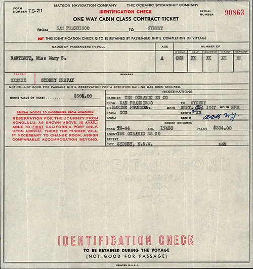 Oceanic Steamship Company One Way Cabin Class Contract Ticket for Passage on the SS Marine Phoenix, Departing from San Francisco for Sydney, Dated 16 September 1947.