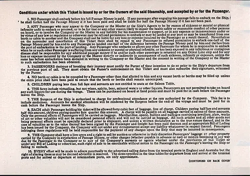 Terms and Conditions 1, Orient Line First Class Passage Ticket for Passage on the SS Orion, Departing from Sydney for Tilbury Dated 7 February 1948.