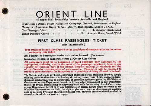 Terms and Conditions 2, Orient Line First Class Passage Ticket for Passage on the SS Orion, Departing from Sydney for Tilbury Dated 7 February 1948.
