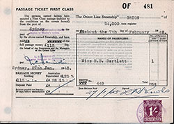Orient Line First Class Passage Ticket for Passage on the SS Orion, Departing from Sydney for Tilbury Dated 7 February 1948.