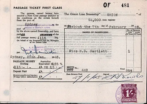 Orient Line First Class Passage Ticket for Passage on the SS Orion, Departing from Sydney for Tilbury Dated 7 February 1948.