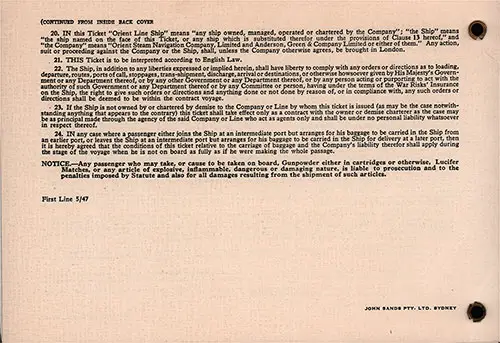 Terms and Conditions 5, Orient Line First Class Passage Ticket for Passage on the SS Orion, Departing from Sydney for Tilbury Dated 7 February 1948.