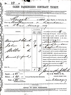 Cabin Passenger's Contract Ticket on the SS Reigate of the Surrey Steamship Company, 11 May 1867 - Australia to London.
