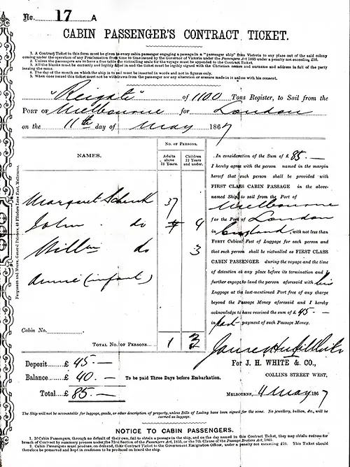 Cabin Passenger’s Contract Ticket 1867 - Australia to London