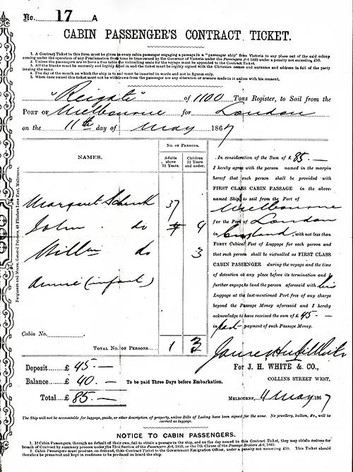 Cabin Passenger's Contract Ticket on the SS Reigate of the Surrey Steamship Company, 11 May 1867 - Australia to London.