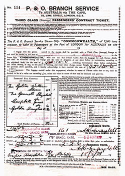 Third Class (Steerage) Passage Contract for The Stevens Family of Four sailing on the P. & O. Line SS Commonwealth on 18 August 1921.