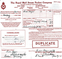 SS Reliance Prepaid Certificate for Second Class Passage - Royal Mail Steam Packet Company - 27 January 1923.