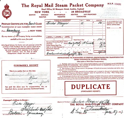 SS Reliance Prepaid Certificate for Second Class Passage - Royal Mail Steam Packet Company - 27 January 1923.