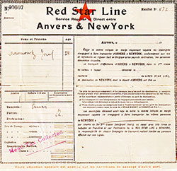 RMS Zeeland of the Red Star Line Third Class Passage Contract Dated 10 August 1912, Antwerp to New York, Arriving in New York 20 August 1912.