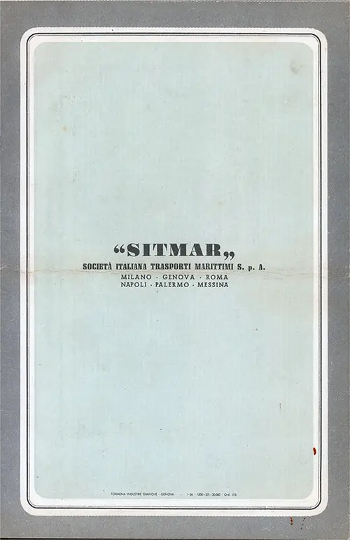 Back Cover, SITMAR Passage Contract Ticket for Passage on the SS Castel Felice, Departing from Le Havre to New York Dated 1 September 1956.