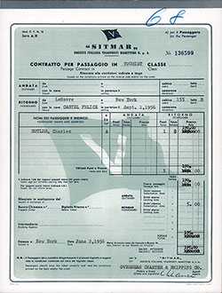 SITMAR's SS Castel Felice Passage Contract Ticket Departing from Le Havre to New York, 1 September 1956.