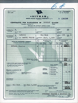 SITMAR Passage Contract Ticket for Passage on the SS Castel Felice, Departing from Le Havre to New York Dated 1 September 1956.