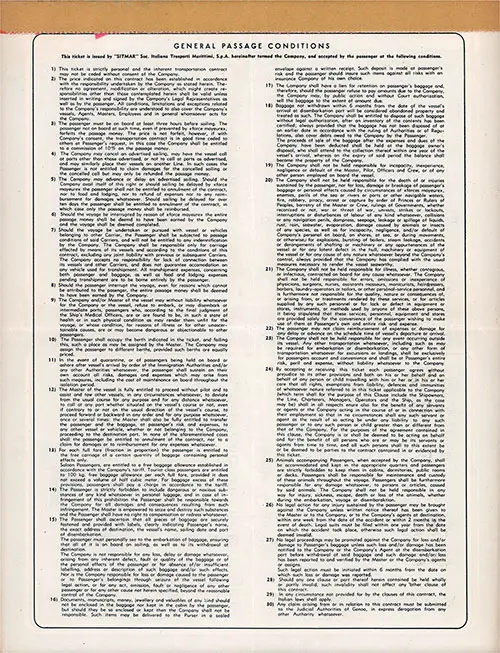 Terms and Conditions, SITMAR Passage Contract Ticket for Passage on the SS Castel Felice, Departing from Le Havre to New York Dated 1 September 1956.