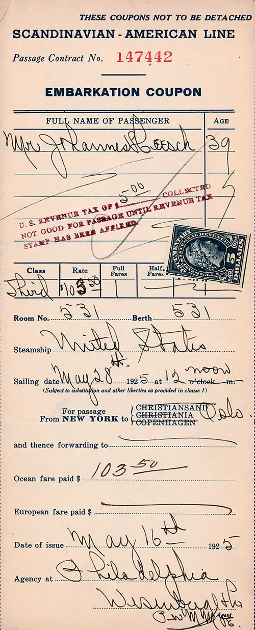 Scandinavian-American Line Third Class Embarkation Coupon for Passage on the SS United States, Departing from New York for Oslo Dated 16 May 1925.