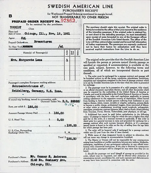 Swedish American Line Prepaid Tourist Class Westbound Passage Ticket, Departing from Bremerhaven for New York, Dated 13 November 1951.