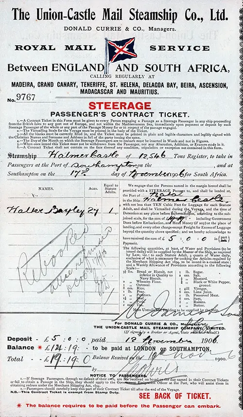 Front Page of Union-Castle Line Steerage Contract Between the UK and South Africa on the SS Halmercastle, Departing 17 November 1906 from Southampton.