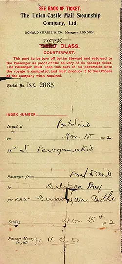 Front Side, RMS Dunvegan Castle of the Union-Castle Line Deck Class Steamship Ticket, 15 November 1912, Port Said to Delagoa Bay.