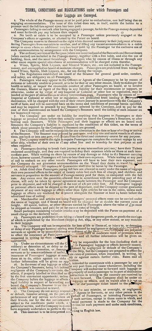 Terms, Conditions and Regulations Under Which Passengers and Their Luggage are Conveyed. RMS Dunvegan Castle of the Union-Castle Line Deck Class Steamship Ticket, 15 November 1912.
