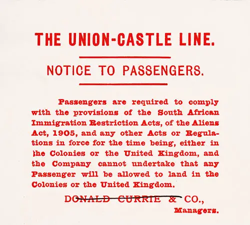Notice to Passengers of the Union-Castle Line 1910