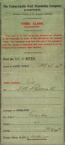 Third Class Passage Ticket, Cape Town to England, 16 September 1907