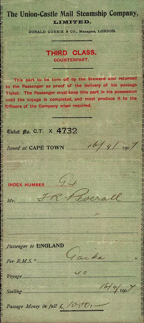 Third Class Passage Ticket, Cape Town to England, 16 September 1907